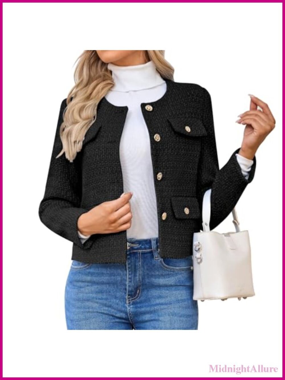 Tweed Blazer Jacket Women Long Sleeve Button Down Business Casual Cropped